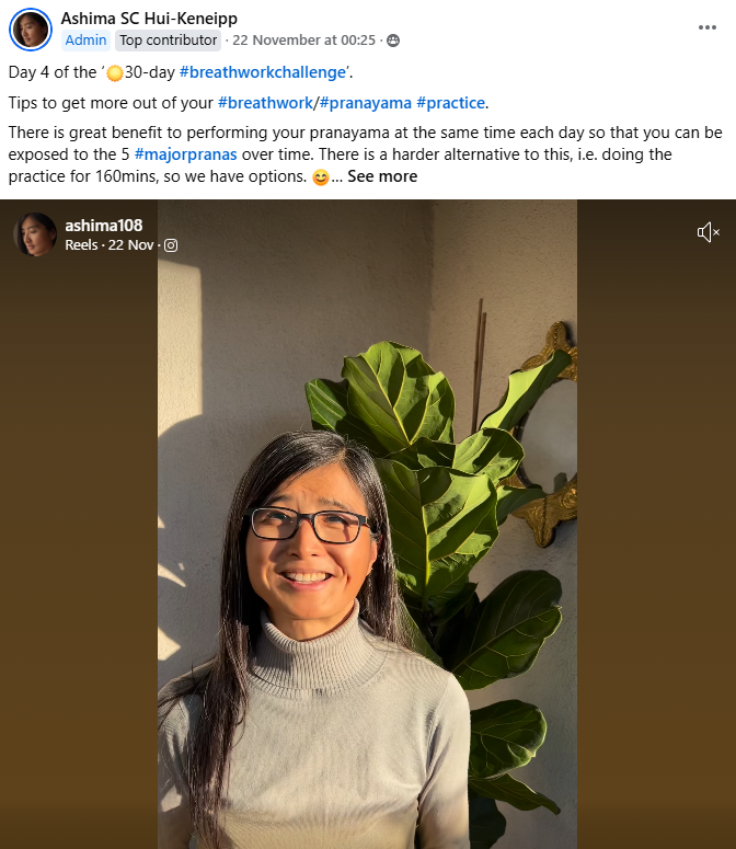 Ashima, one of the founding members of the group, sharing a little breathwork wisdom and her experience of the 30-day yoga breathwork journey, and encouraging others to share their journey.