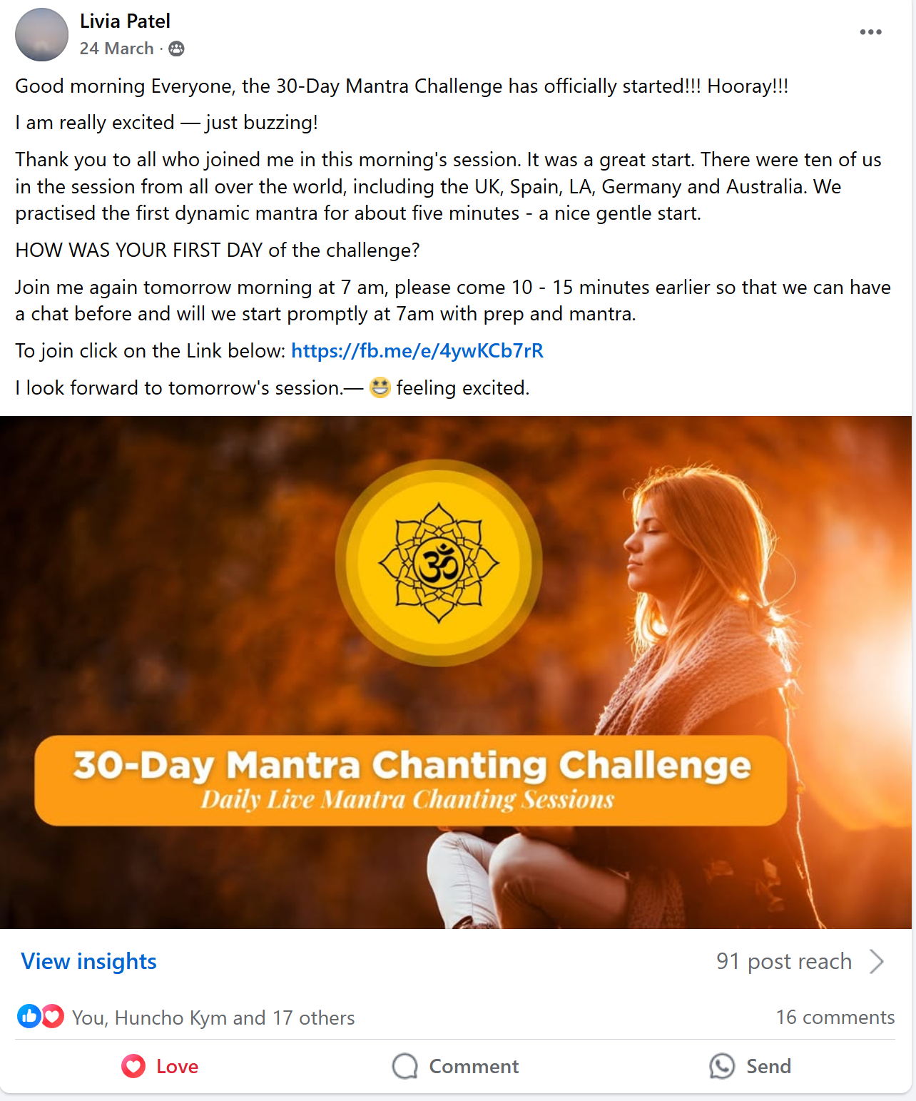 Livia Patel sharing her excitement for the start of the Mantra Chanting Challenge