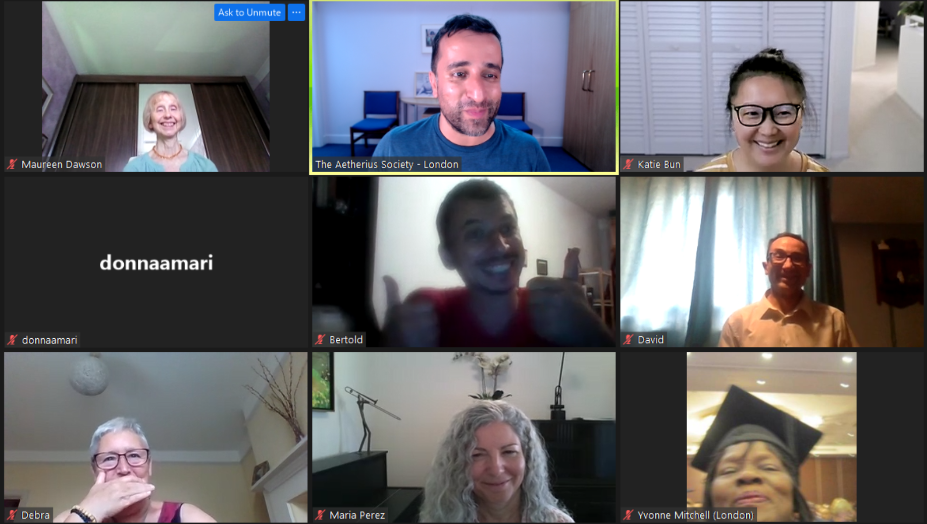Happy people at the end of an uplifting 'Pray To Improve Yourself' guided practice room on Zoom